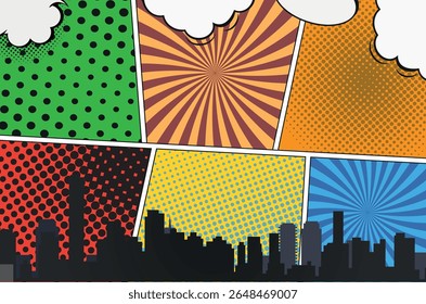 Collage-style halftone background featuring a dark city skyline silhouette with expressive clouds and graphic textures. Pop art inspired urban illustration, ideal for creative design, posters