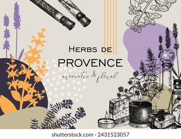 Collage-style Provence herbs background. Herbal plant sketch, hand drawn vector illustrations. Artistic frame for cosmetics packaging, perfumery labels, soap or candle making. NOT AI generated