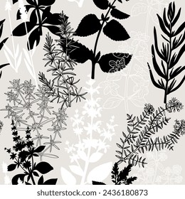 Collage-style Provence herbs background. Herbal plants hand-drawn vector illustrations. Seamless pattern with sage, peppermint, rosemary, lavender sketches. NOT AI generated