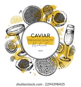 Collage-style seafood background. Caviar and champagne trendy wreath design. With hand drawn red caviar canape, canned black caviar, sparkling wine bottle, glasses sketches and abstract shapes