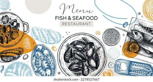 Collage-style seafood background. Hand-drawn mussels, oysters, caviar, grilled fish, canned fish canape sketches. Restaurant menu, finger food party banner design. Abstract and geometric shapes frame