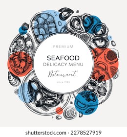 Collage-style seafood restaurant banner design. Hand-drawn tinned fish and cooked shellfish sketches - mussels, oysters, shrimps, caviar, clams, squids. Sea delicacy vector wreath trendy template 