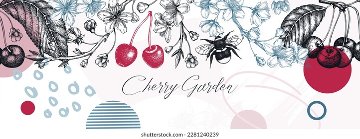 Collage-style spring background. Cherry blossom tree border in sketch style. Vector banner with hand drawn cherry berries, leaves, flowering branches illustrations. Vintage Sakura banner design