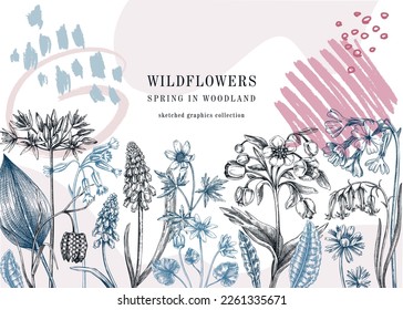 Collage-style spring banner with meadows and wildflowers. Floral frame with woodland plants, flower sketches, and abstract elements. Trendy botanical design template. Modern Easter background