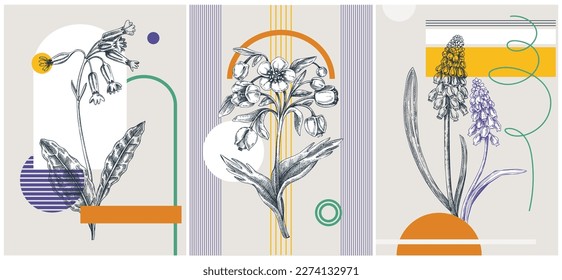Collage-style spring flower vector illustration. Hand-sketched floral banner set. Trendy design with botanical elements and geometric shapes. Elegant wildflowers for sketch print, poster, and card