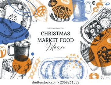 Collage-style street food and drink background. European Christmas market pastries, sweets, grilled meat, raclette, hot drinks sketches. Hand-drawn vector illustration. Fast food trendy menu design