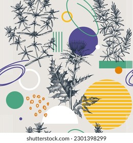 Collage-style summer background. Hand-sketched herbs seamless pattern. Trendy design with botanical sketches and geometric shapes. Elegant flowers for print, poster, fabric and wrapping paper