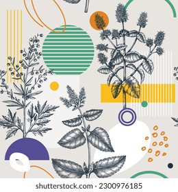 Sommerhintergrund im Collage-Stil. Geätzte Kräuter nahtloses Muster. Trendloses Design mit botanischen Skizzen und geometrischen Formen. Elegante Blumen für Druck-, Poster-, Stoff- und Verpackungspapier