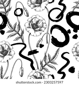 Collage-style summer background. Sketched poppy seamless pattern. Trendy design with floral sketches, geometric shapes, and abstract elements. Perfect for print, poster, card, fabric, wrapping