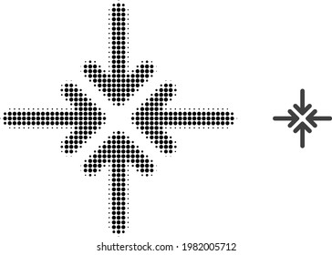 Collapse arrows halftone dot icon illustration. Halftone array contains round pixels. Vector illustration of collapse arrows icon on a white background. Flat abstraction for collapse arrows symbol.