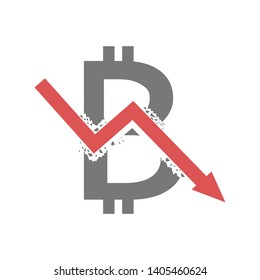 Collapse of Bitcoin. Bitcoin symbol with red arrow, financial crisis concept Vector illustration