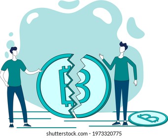 The collapse of Bitcoin.A broken bitcoin coin, a symbol of risks with cryptocurrency.The fall in the quotations of electronic money.Flat vector illustration.
