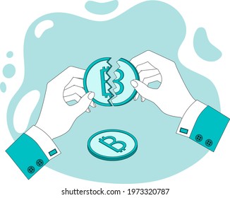 The collapse of Bitcoin.Hands holding a broken bitcoin.A broken bitcoin coin, a symbol of risks with cryptocurrency.The fall in the quotations of electronic money.Flat vector illustration.