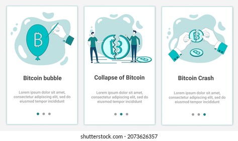 The collapse of Bitcoin.People and situations with problems and possible cryptocurrency crashes.A set of vector illustrations in the form of a slider.Vector illustration in green.
