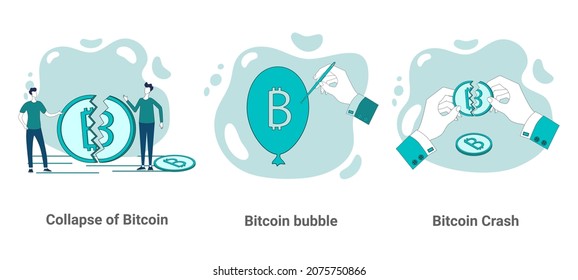The collapse of Bitcoin.People and situations with problems and possible cryptocurrency crashes.A set of vector illustrations in the form of a slider.Vector illustration in green.