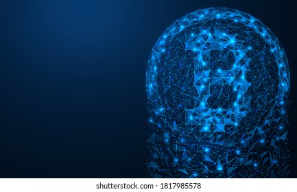 The collapse of the cryptocurrency. Decaying into particles and fragments of bitcoin. Polygonal construction of lines and points. Blue background.