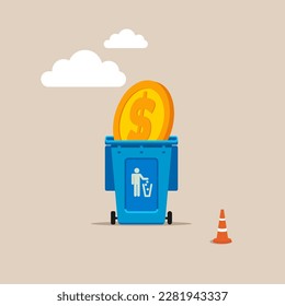 Collapse of the dollar. Wasted money in being thrown in the trash. Modern vector illustration in flat style. 