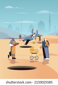 collapse of economy concept arab people of different occupations falling into open manholes world financial crisis bankruptcy