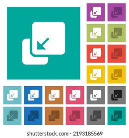 Collapse element solid multi colored flat icons on plain square backgrounds. Included white and darker icon variations for hover or active effects.
