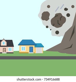 The collapse of mountain to buildings. Rockfall. Stones fall from the mountain. Vector Illustration 