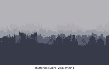 Collapsed houses. Silhouette of a destroyed city. Vector