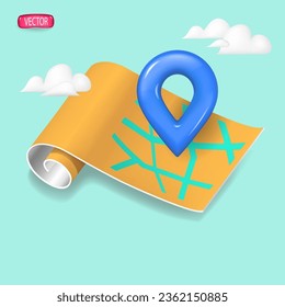 a collapsed map with a 3d-style pointer icon. Vector illustration.