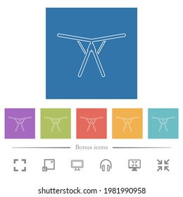 Secador de ropa plegable estante iconos blancos planos en fondo cuadrado. 6 iconos de bonificación incluidos.