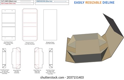 Collapsible or foldable rigid box dieline and 3D box editable easily resizable dieline