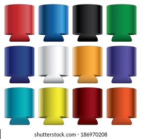 Collapsible is an illustration of blank collapsible drink holder with aluminum can in twelve different colors. Great for mock ups.