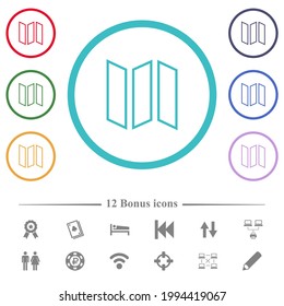 Iconos de color plano de esquema de mapa contraíble en contornos de forma circular. 12 íconos adicionales incluidos.