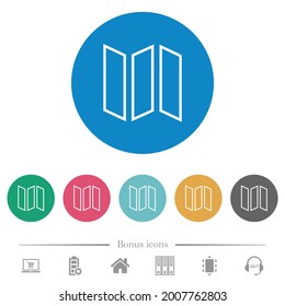 Los iconos blancos planos de esquema de mapa que pueden contraerse en los fondos de color redondeado. 6 iconos de bonificación incluidos.