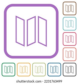 Collapsible map outline simple icons in color rounded square frames on white background
