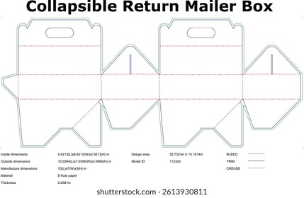 Collapsible Return Mailer Box Layout Design Template For Ecommerce Packaging With Dimensions And Cutting Lines Ready For Customization,And Manufacturing Process