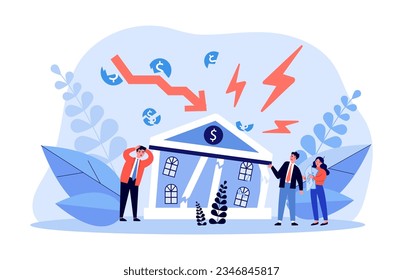 Collapsing bank and shocked businessmen vector illustration. Cartoon drawing of collapse of bank building, financial crisis or problem. Finances, bankruptcy, banking, economy concept