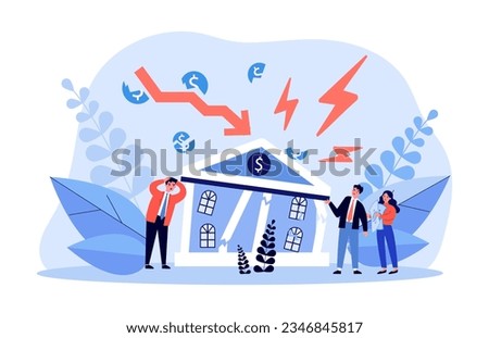 Collapsing bank and shocked businessmen vector illustration. Cartoon drawing of collapse of bank building, financial crisis or problem. Finances, bankruptcy, banking, economy concept