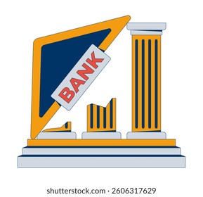 Collapsing bank structure with tilted sign, broken pillars 2D cartoon object. Economic failure. Falling institution architecture isolated element flat vector clip art on white. Spot illustration