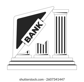Collapsing bank structure with tilted sign, broken pillars 2D line object. Economic failure. Falling institution architecture isolated clipart vector ink outline item. Monochrome spot illustration