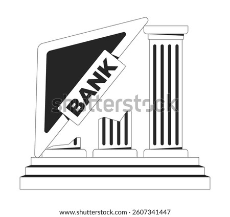 Collapsing bank structure with tilted sign, broken pillars 2D line object. Economic failure. Falling institution architecture isolated clipart vector ink outline item. Monochrome spot illustration
