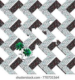 Collapsing metal abstract labyrinth and small tender green flowers on white background. Seamless vector pattern.