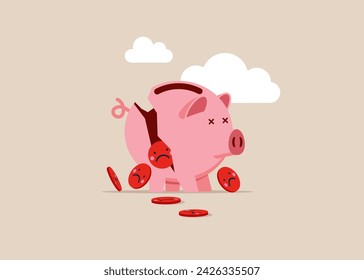 Collapsing piggy bank with negatively face emoji case. Flat vector illustration