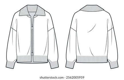 Collar Cardigan technical fashion illustration. Cardigan Sweater fashion flat technical drawing template, front zipper, relaxed fit, front and back view, white, women, men, unisex CAD mockup.