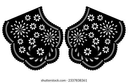 collar design vector with satin stitch white flower. front view technical embroidery flat sketch template. floral eyelet embroidery decorative ornament cotton collar lace detail.