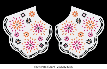 collar design vector with satin stitch colorful flower. front view technical embroidery flat sketch template. floral eyelet embroidery decorative ornament cotton collar lace detail.