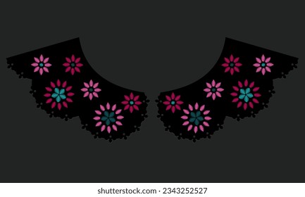 collar design vector with satin stitch colorful flower. front view technical embroidery flat sketch template. floral eyelet embroidery decorative ornament cotton collar lace detail.