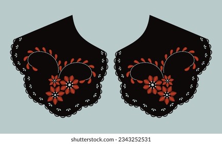 Kragen-Design-Vektorgrafik mit satinnaher, bunter Blume. technische Stickerei-Vorlage für die Vorderansicht. Blumenaugen Stickereien mit dekorativem Baumwollkragen.