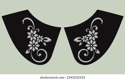 collar design vector with satin stitch white flower. front view technical embroidery flat sketch template. floral eyelet embroidery decorative ornament cotton collar lace detail.