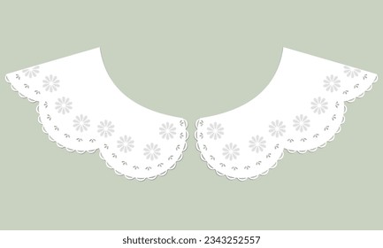 collar design vector with satin stitch white flower. front view technical embroidery flat sketch template. floral eyelet embroidery decorative ornament cotton collar lace detail.