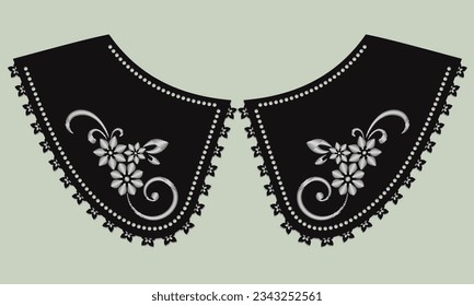 collar design vector with satin stitch white flower. front view technical embroidery flat sketch template. floral eyelet embroidery decorative ornament cotton collar lace detail.