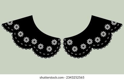 collar design vector with satin stitch white flower. front view technical embroidery flat sketch template. floral eyelet embroidery decorative ornament cotton collar lace detail.