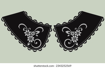 collar design vector with satin stitch white flower. front view technical embroidery flat sketch template. floral eyelet embroidery decorative ornament cotton collar lace detail.